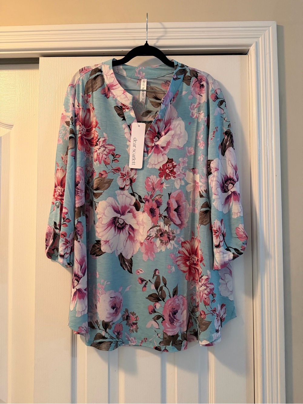 Dear Scarlett Floral V-Neck Women's Top in Aqua with Pink Blooms